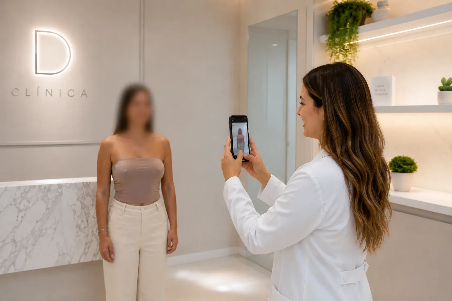 Médica fotografa paciente com o Relati Capture, com anonimização aplicada no próprio aparelho